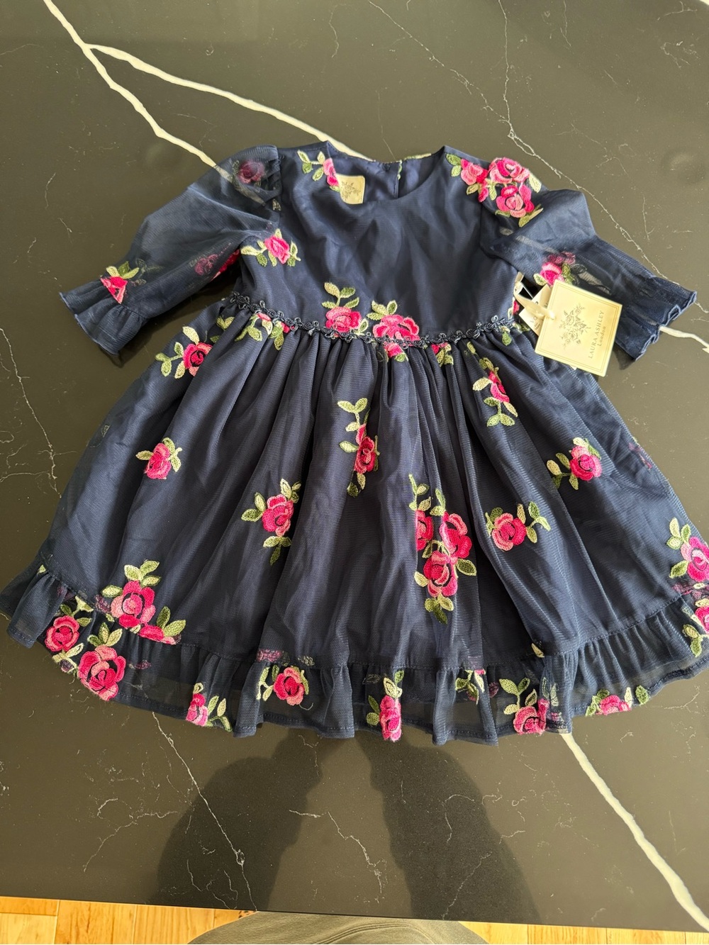 Laura Ashley Navy Dress with Pink Rose‎ Embroidery